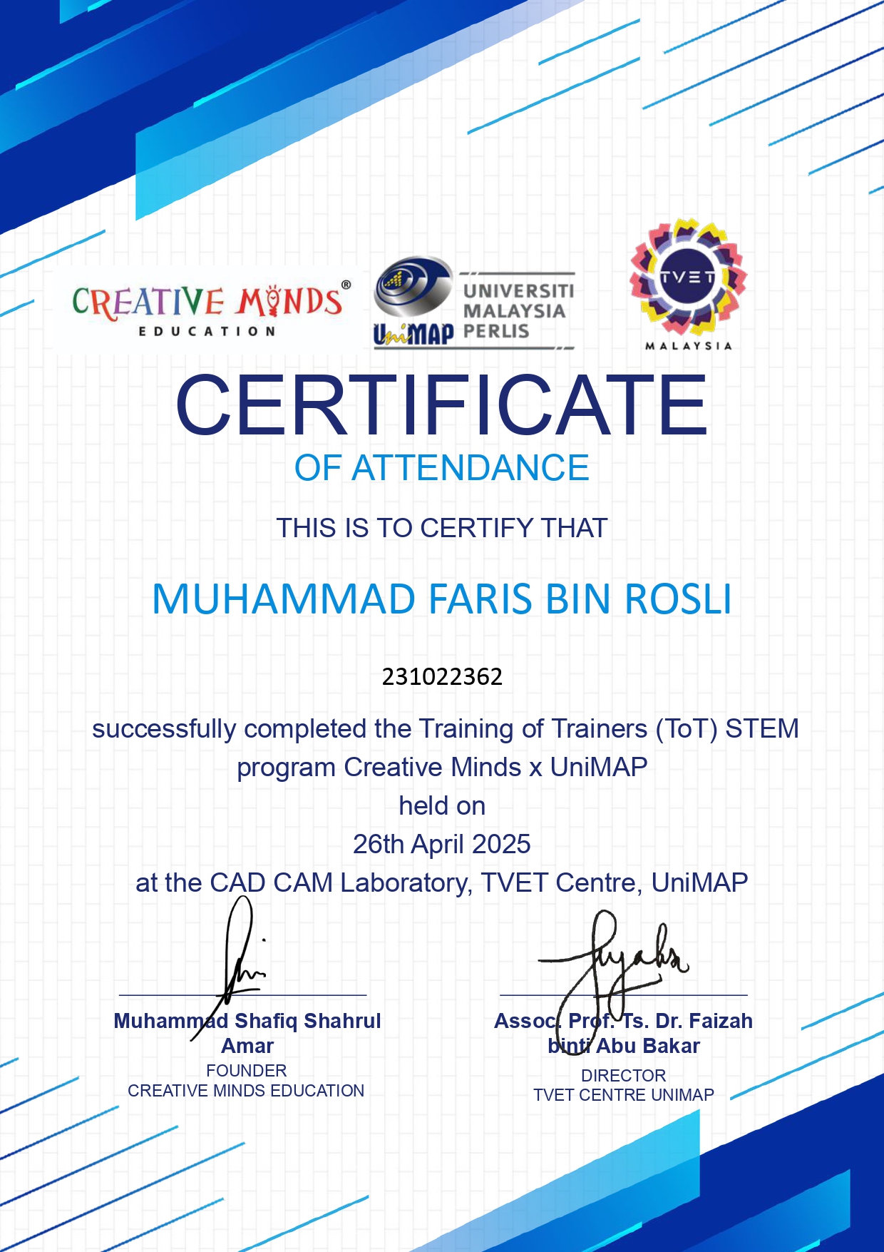 Creative Minds and UniMAP Training of Trainers STEM certificate